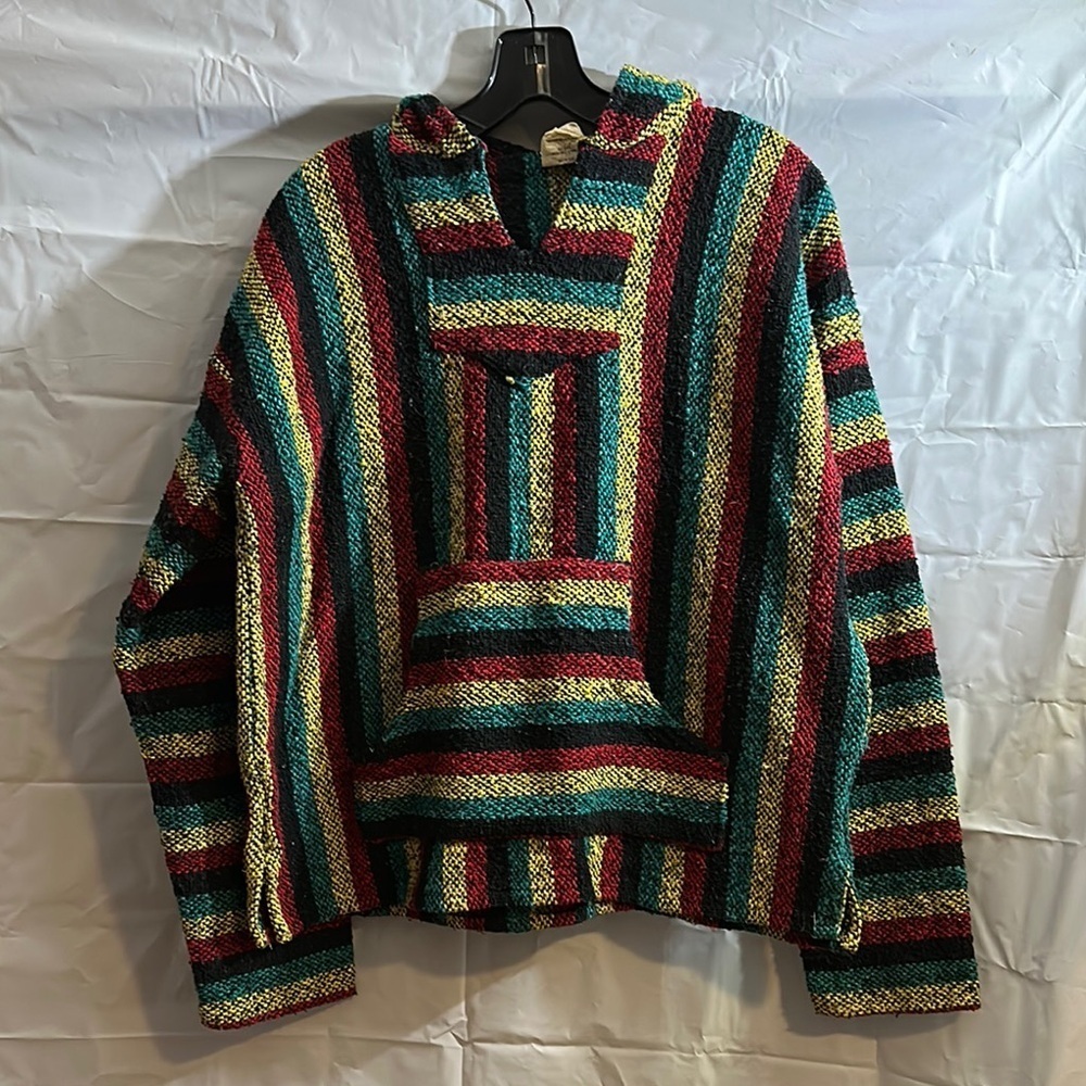 Cozy Red and Green Striped Henley Sweater size large Rasta hoodie Echo Naturals
